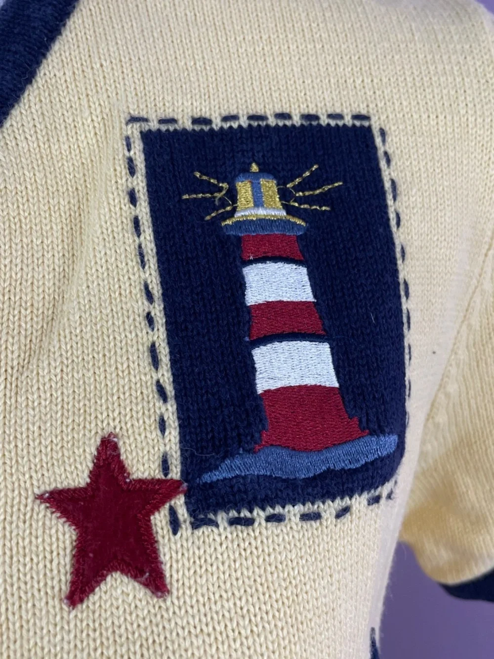 Lighthouse Embroidered Patch Cardigan M Nautical Sailor Anchor Patriotic Stars